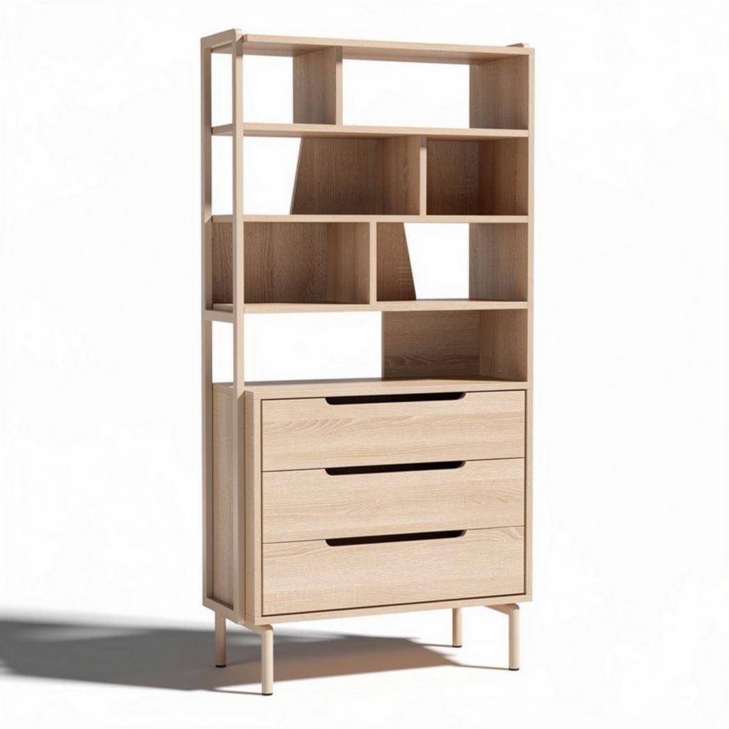 Bibliothèque en bois clair avec 3 tiroirs et étagères ouvertes 80 x 40 x 180cm
