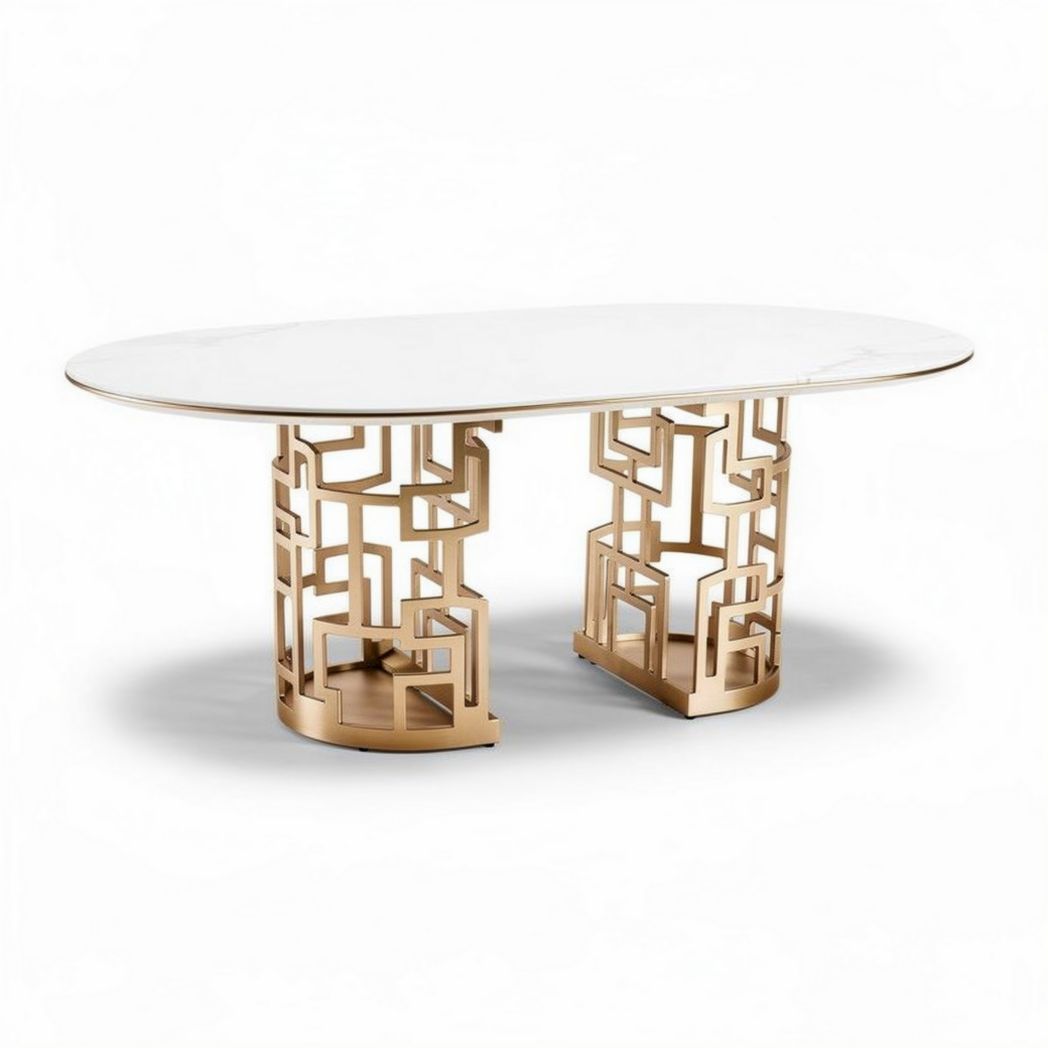 Table ovale en marbre blanc avec base en métal doré dimensions 200 x 100 x 75cm