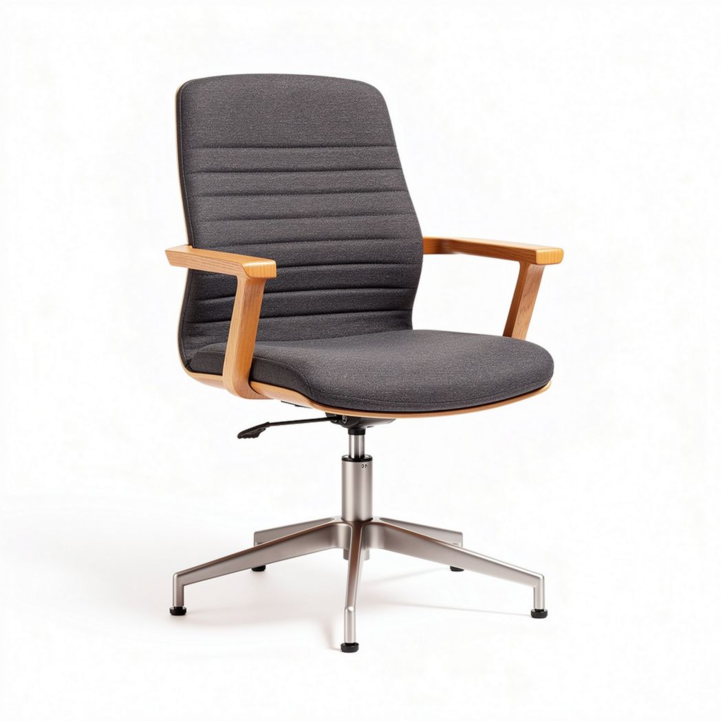 Chaise de bureau en tissu gris avec accoudoirs en bois et base en métal 45 x 55 x 90cm