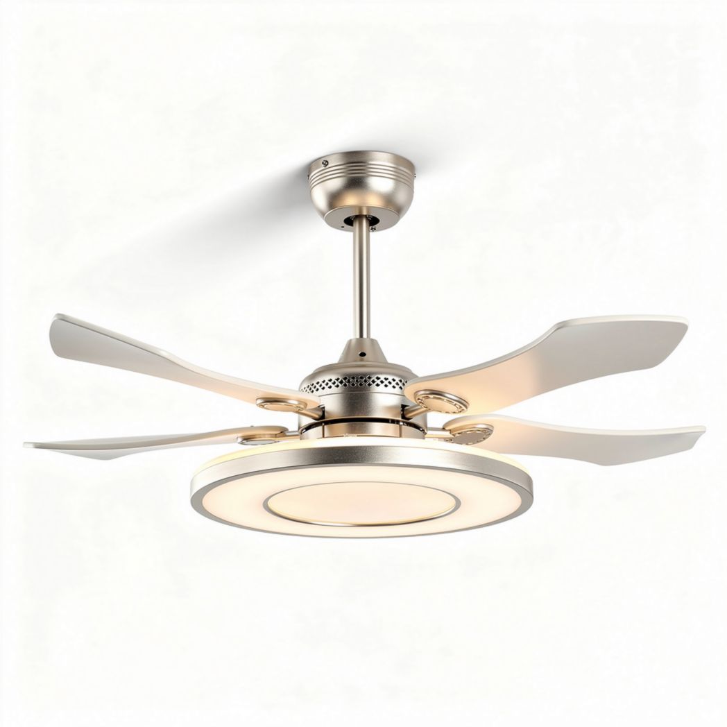 Ventilateur de plafond moderne en métal argenté avec lumière LED intégrée 42 x 42 x 25cm