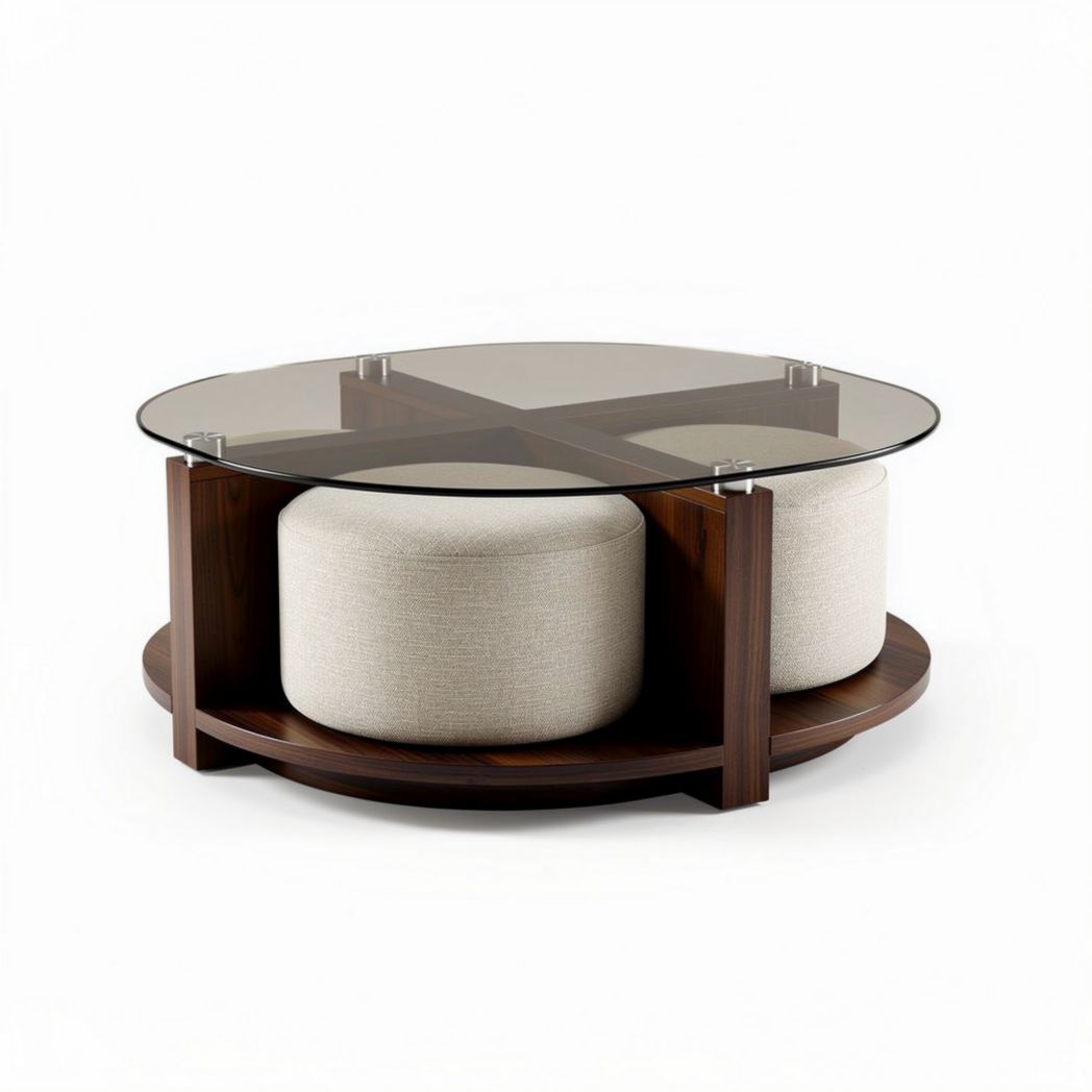 Table basse ronde en verre et bois avec poufs rembourrés 100 x 100 x 40cm