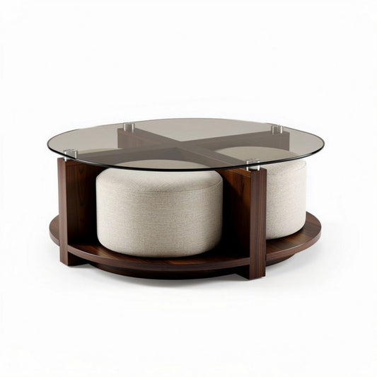Table basse ronde en verre et bois avec poufs rembourrés 100 x 100 x 40cm