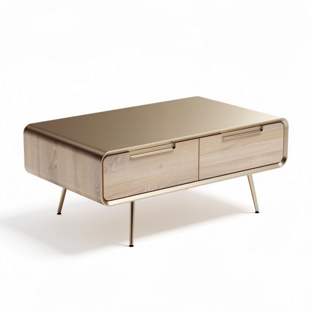 Table basse en bois et métal doré 120 x 60 x 40cm avec tiroirs de rangement