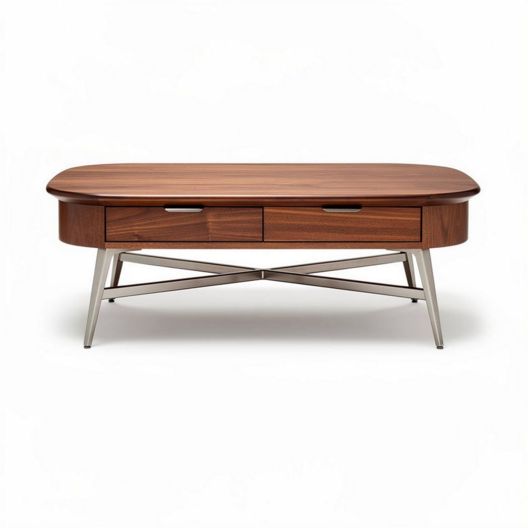 Table basse en bois de noyer avec tiroirs en métal 120 x 60 x 40cm